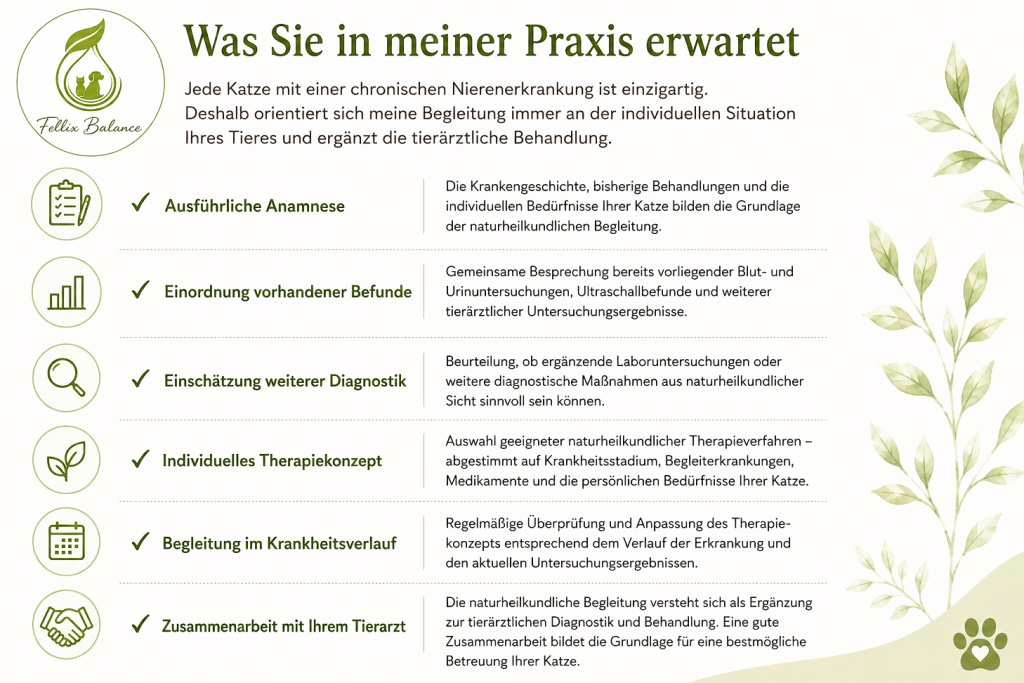 Infografik naturheilkundliche Begleitung in meiner Praxis Naturheilkundliche Begleitung bei CNI der Katze – Anamnese, Befundauswertung, individuelles Therapiekonzept und Begleitung im Krankheitsverlauf