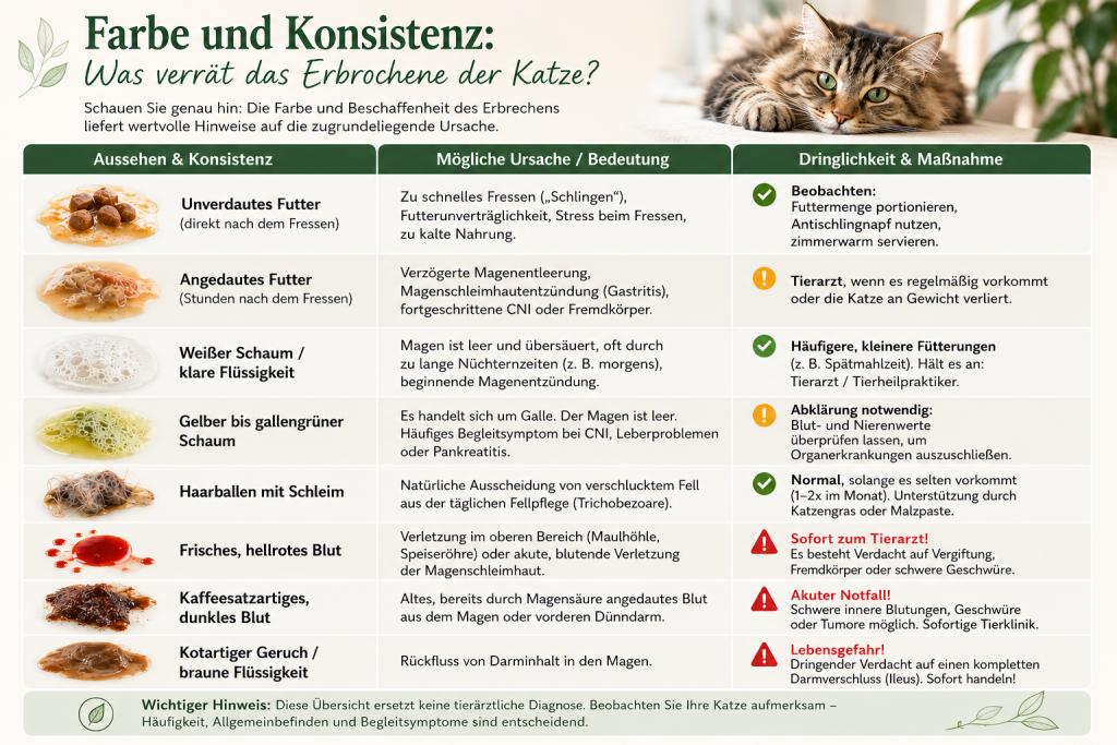 Was verrät das erbrochene der Katze? Infografik Farbe und Konsistenz des erbrochenen bei Katzen mit möglicher Ursache und Dringlichkeit des Handlungsbedarfs