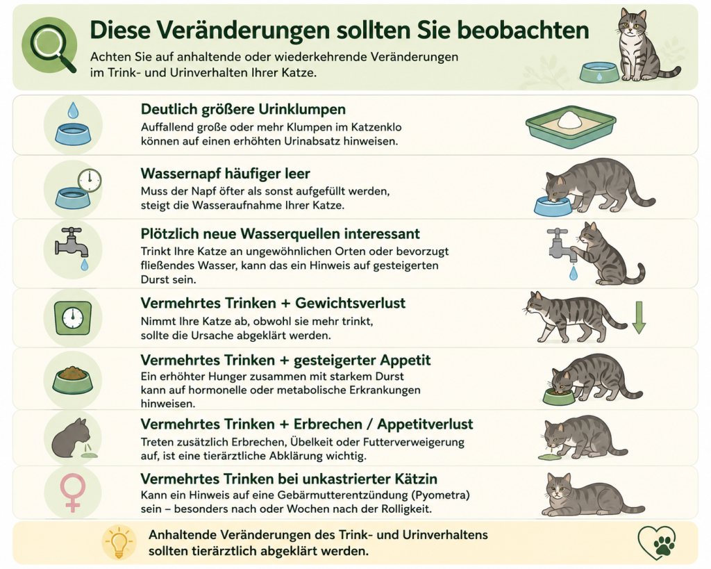 Infografik zu Anzeichen für vermehrtes Trinken und Urinieren bei Katzen sowie wichtigen Begleitsymptomen