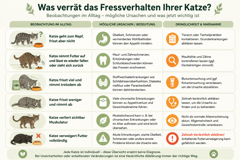 Infografik zum Fressverhalten bei katzen: Beobachtungen, Ursachen und Maßnahmen