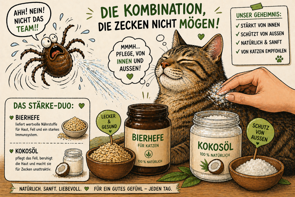 Kombination Bierhefe und Kokosöl für Katzen Natürlicher Zeckenschutz Katze Kombination Bierhefe und Kokosöl Illustration