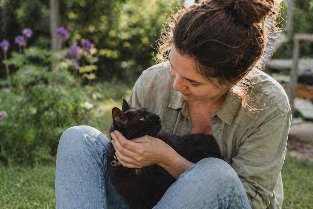 Katzenhalterin mit Katze im Garten entspannt Katzenhalterin mit Katze im Garten – natürlicher Umgang mit Zeckenschutz