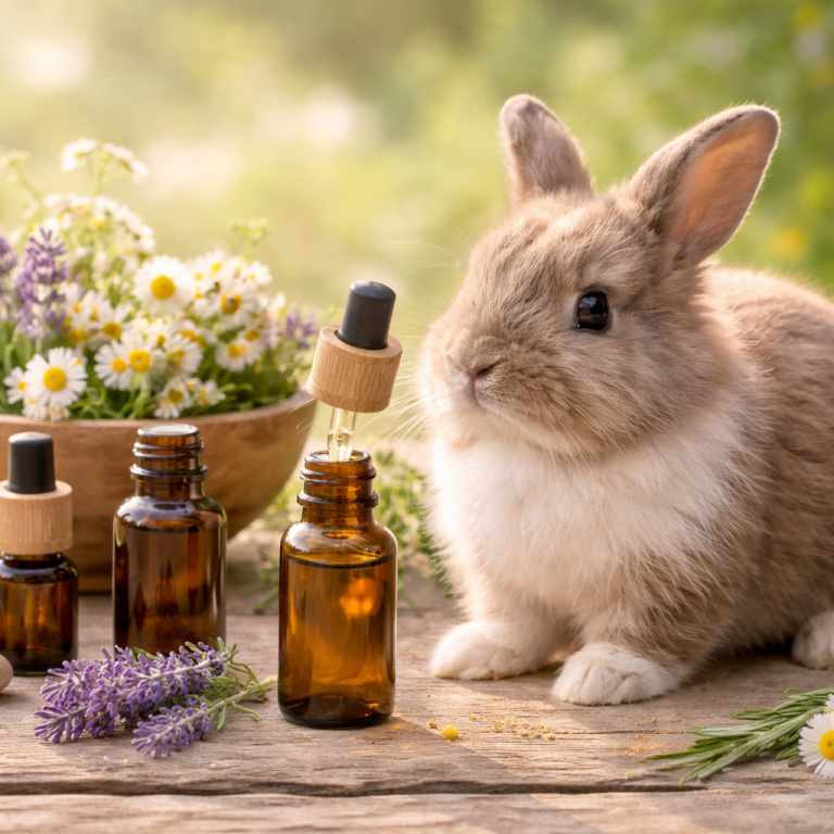 Kaninchen neben ätherischen Ölen als Beispiel für naturheilkundliche Aromatherapie in der Tierheilpraxis