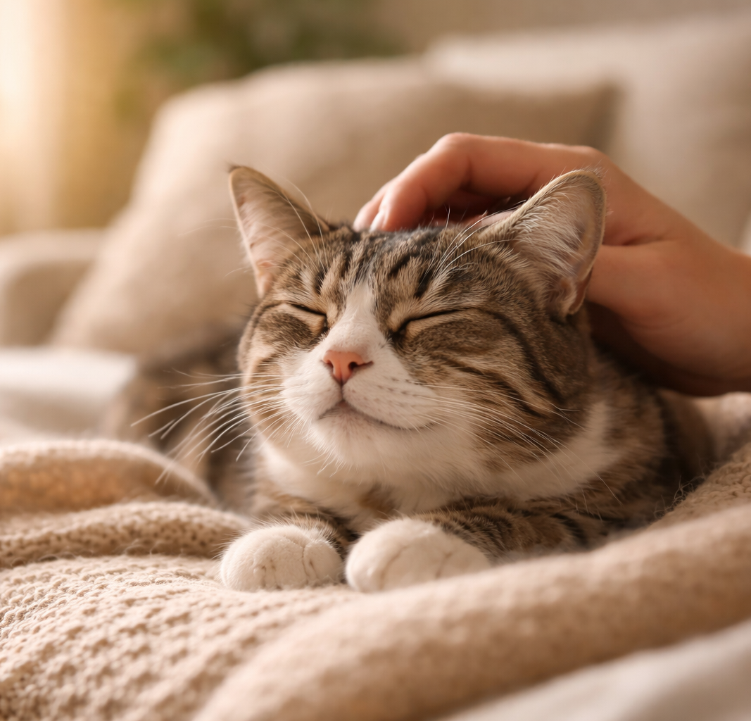Katze wird sanft gestreichelt als Symbol für liebevolles Tiersitting und stressfreie Betreuung im eigenen Zuhause
