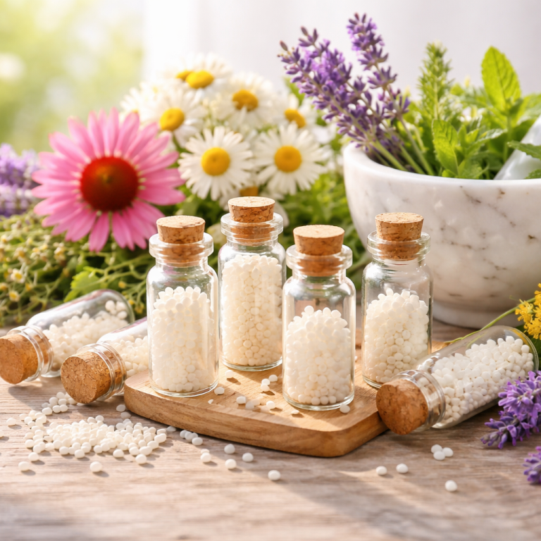 Homöopathische Globuli mit Heilpflanzen als Beispiel für sanfte naturheilkundliche Behandlung in der Tierheilpraxis
