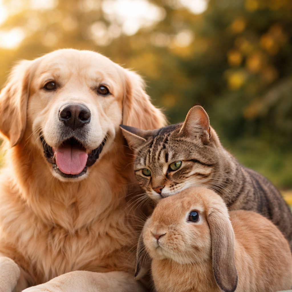 Hund, Katze und Kaninchen als Symbol für ganzheitliche Tierheilpraxis und individuelle Behandlung verschiedener Tierarten