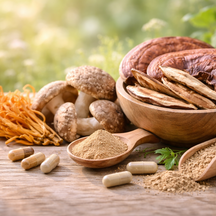 Verschiedene Vitalpilze und Pulver als Beispiel für Mykotherapie in der naturheilkundlichen Tierbehandlung