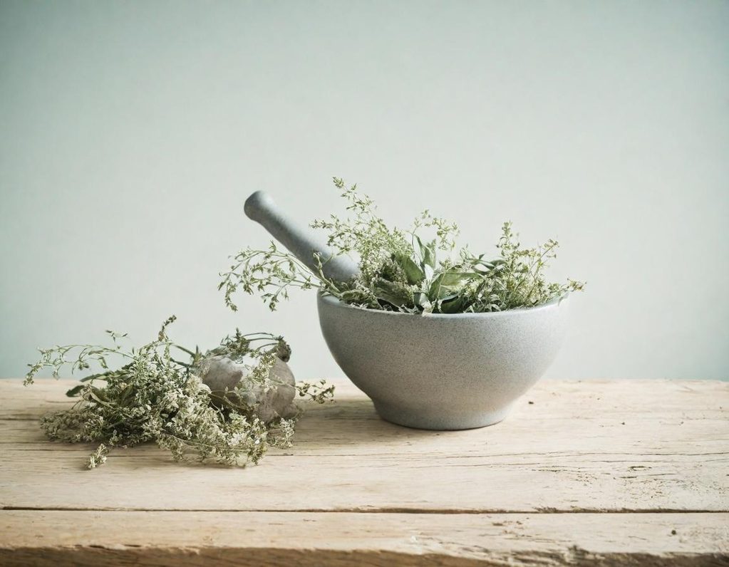 Mörser mit frischen Kräutern als Symbol für naturbasierte Produkte und ganzheitliche Unterstützung