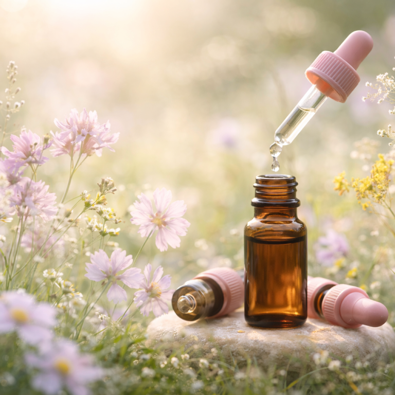 Bachblüten-Tropfen mit Blüten als Symbol für naturheilkundliche Unterstützung der emotionalen Balance bei Tieren